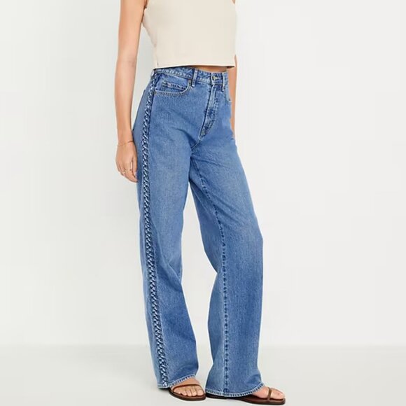 NWT Old Navy Extra High Rise Sky-Hi Wide Leg Jeans with Braiding, Size 4 - Picture 1 of 10